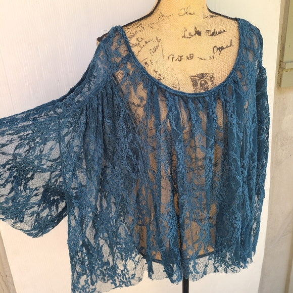 FREE PEOPLE teal lace Lost in Austin Swing Top - Picture 6 of 11